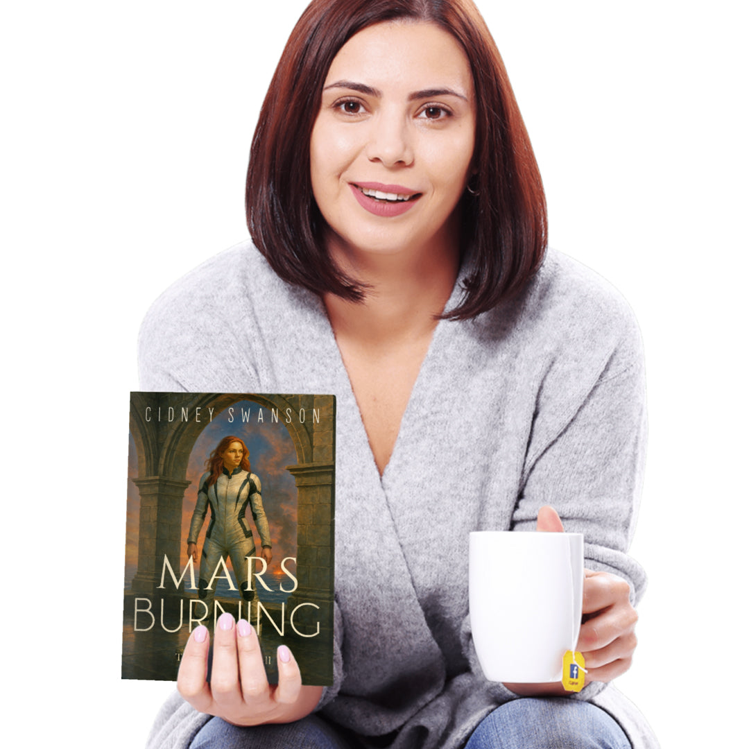 A smiling mom holds Mars Burning by Cidney Swanson — clean YA sci-fi for ages 10+, fourth in the Saving Mars series.