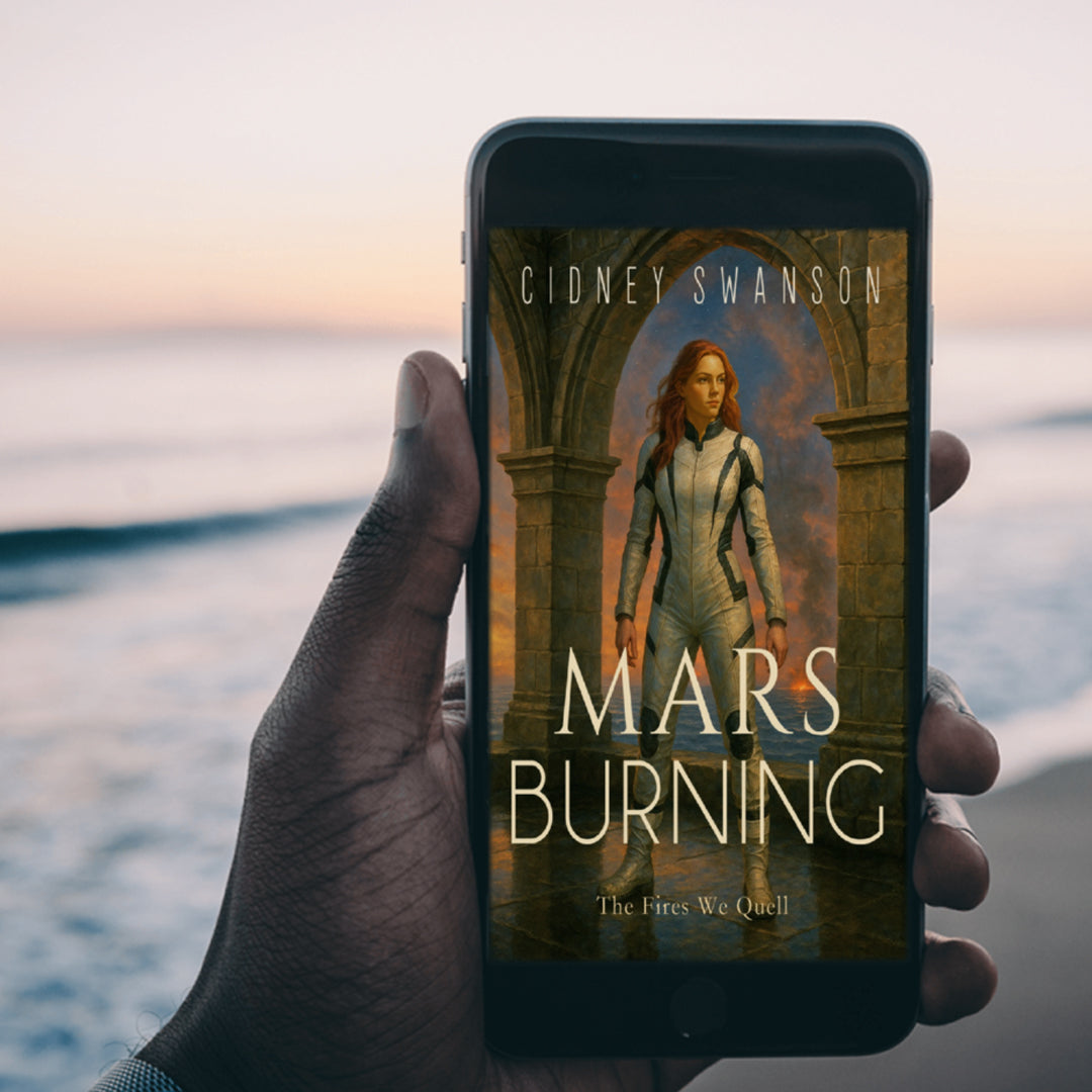 Young man holds Mars Burning by Cidney Swanson | clean YA sci-fi for ages 10+, part of the Saving Mars series.