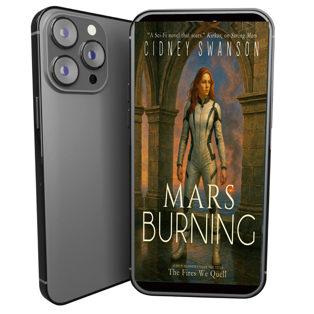 Phone showing Mars Burning by Cidney Swanson | clean YA sci-fi for ages 10+, part of the Saving Mars series.