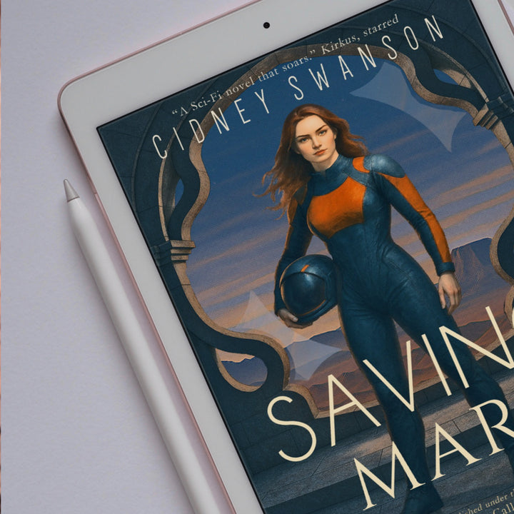 Saving Mars by Cidney Swanson — hardcover on desk with pen, clean YA sci-fi.