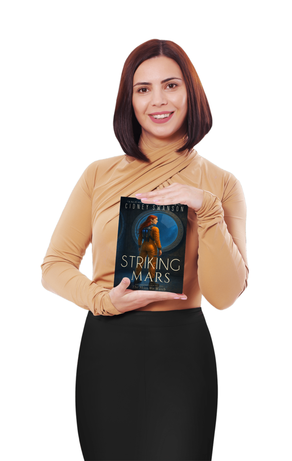 A smiling mom holding Striking Mars by Cidney Swanson — clean YA sci-fi for ages 10+, fifth in the Saving Mars series