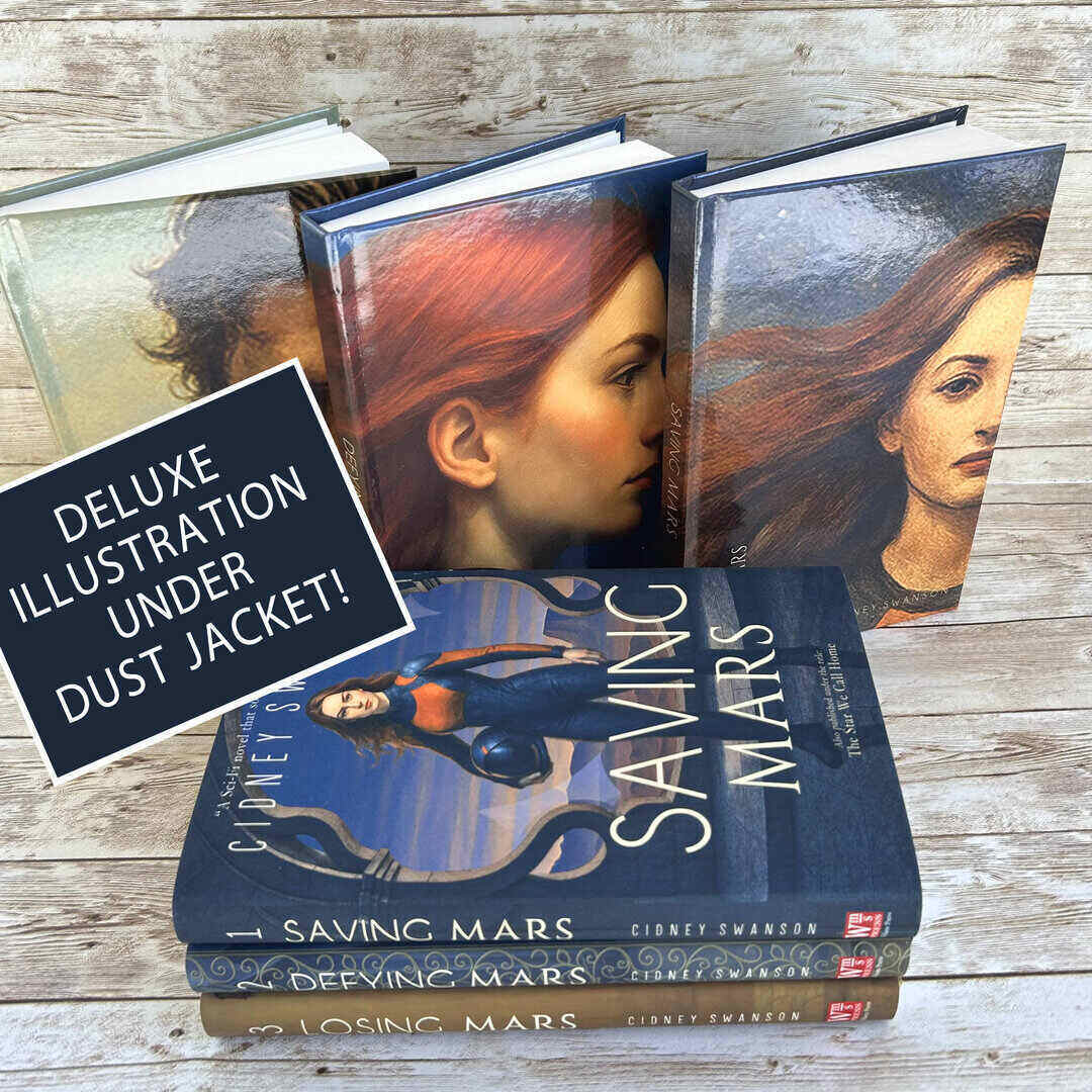 Stack of books titled 'Saving Mars' by Cidney Swanson on a wooden surface.