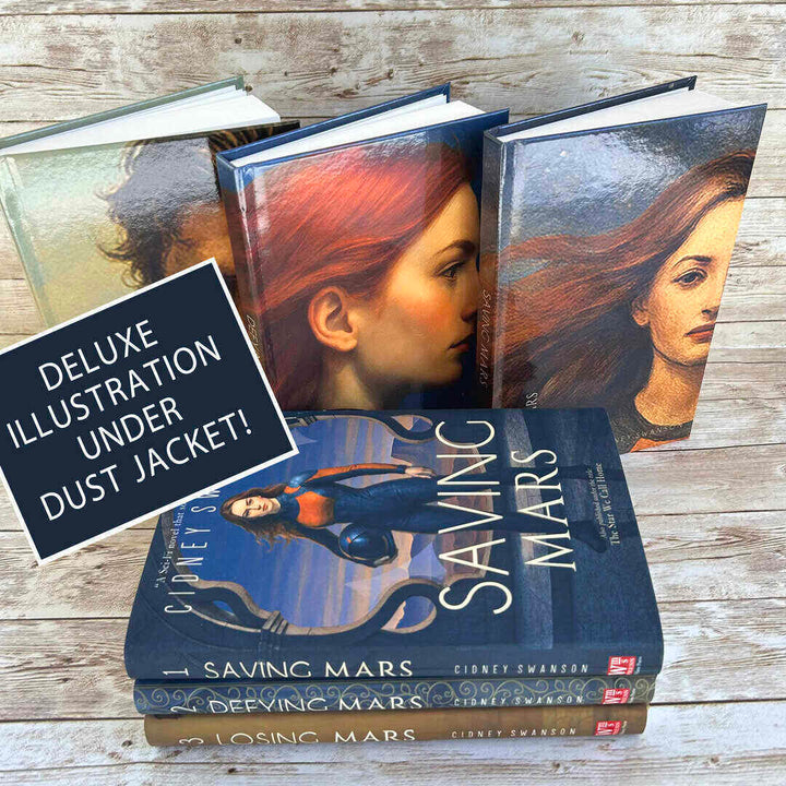 Stack of books titled 'Saving Mars' by Cidney Swanson on a wooden surface.